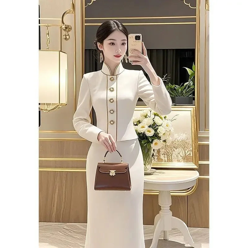 Luxury Celebrity Party Outfits New Elegant Women Formal Suit Flower Embroidery Beading Satin Coat + Midi Skirt Two Piece Sets