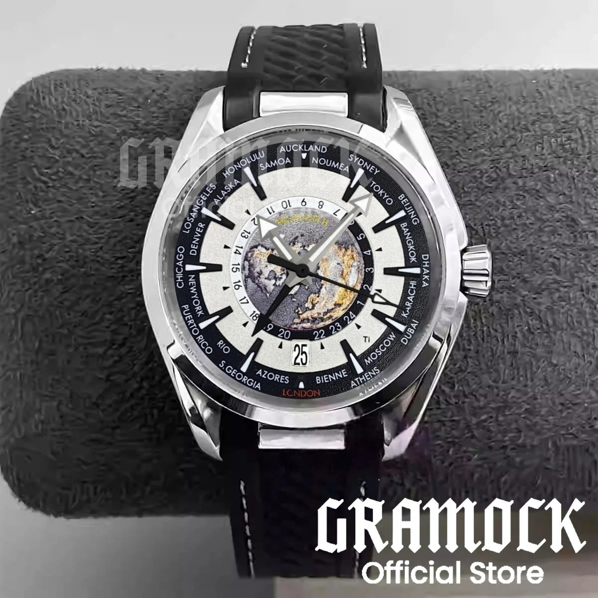 Gramock 40mm World Time GMT Zone Map Men's 6 o'clock Date Automatic Watch NH34A Mechanical Diving Wristwatch Steel/Rubber Strap