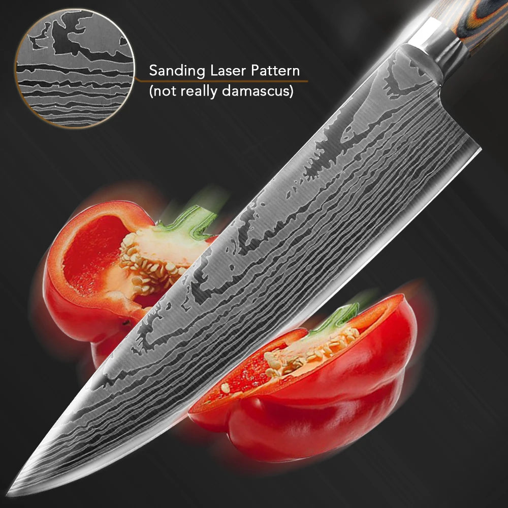 Kitchen Knife Chef Knives Japanese 7CR17 440C High Carbon Stainless Steel Imitation Damascus Sanding Laser Knife