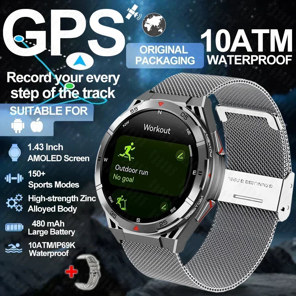 2025 New Dual-Band satellite GPS SmartWatch Men 1.43'' AMOLED Screen IP69 5ATM Waterproof Compass Heart Rate BT Call SmartWatch