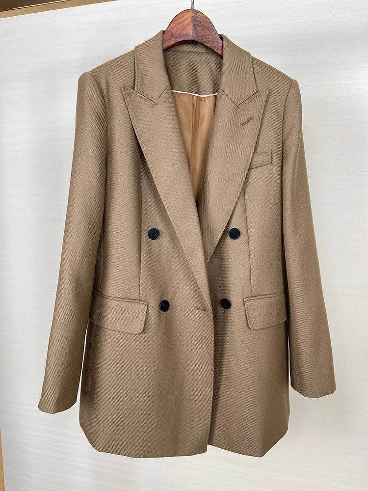 High-end Suit Jacket Women Autumn 100% Wool Horn Buckle White Small Suit 2024 Winter Black Double-Breasted Slim Commuter Classic