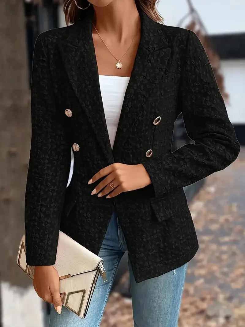 Women Fashion Blue  Blazer Jacket 2024 New Office Lady Double Breasted Pockets Vintage Female Coat 