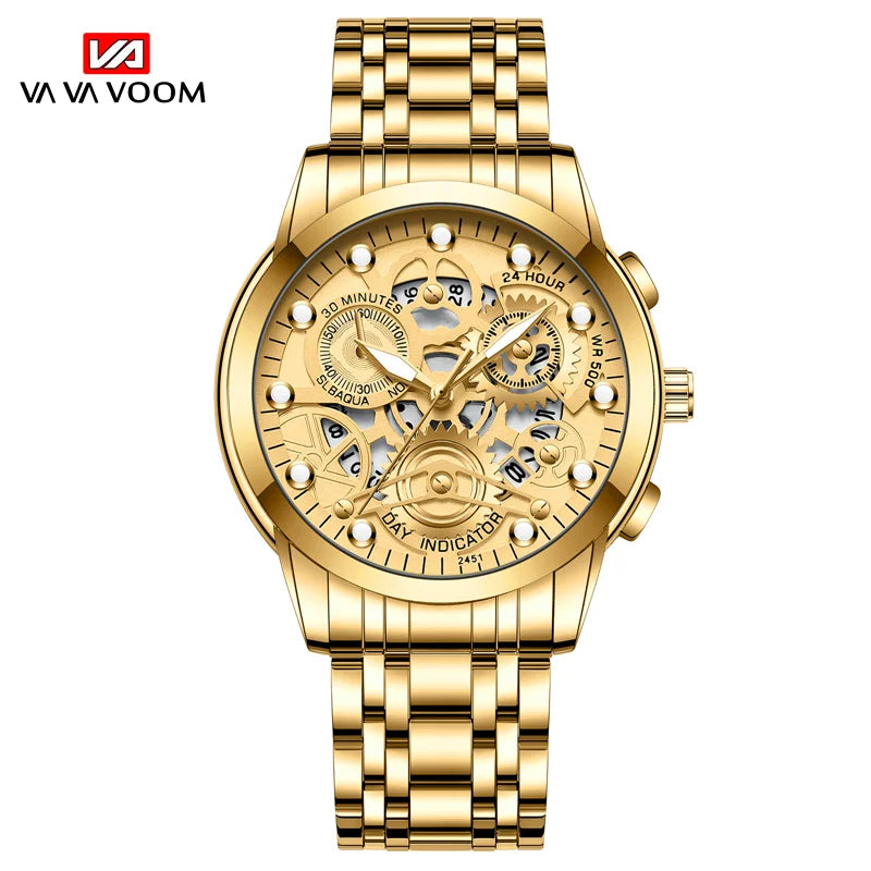 Sports Men's Watch Fashionable Stainless Steel Strap Fashionable Hollow Dial Golden Business Style Original Quartz Watch for Men