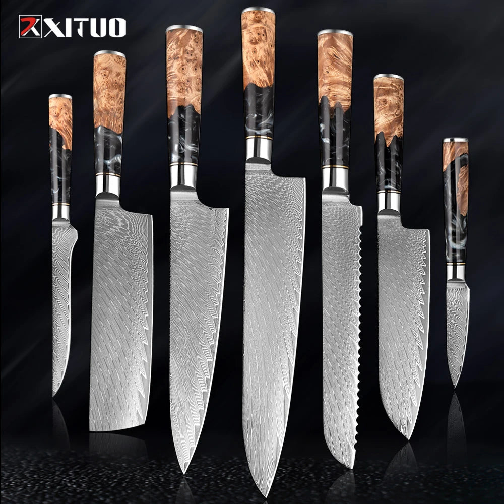 Damascus Steel Kitchen Knives 1-9PC Set XITUO Japanese chef knife Cleaver Bread Knife Resin and wooden Ergonomics handle Sharp