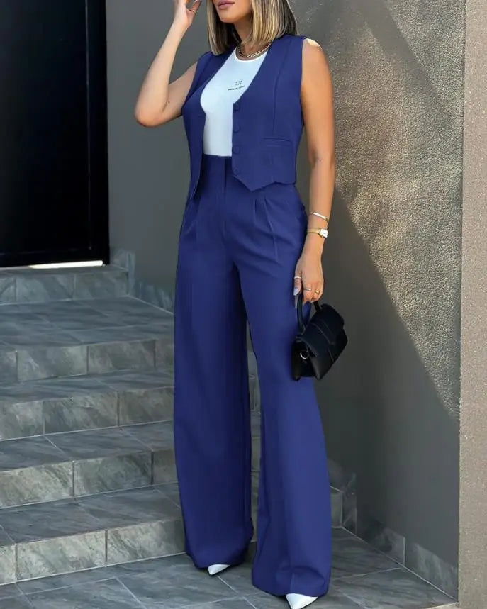 New 2025 Women's Summer Casual 2PCS Pants Sets Solid Vest +Pants Sets Elegant High Waist Wide Leg Outfits Women Matching Sets