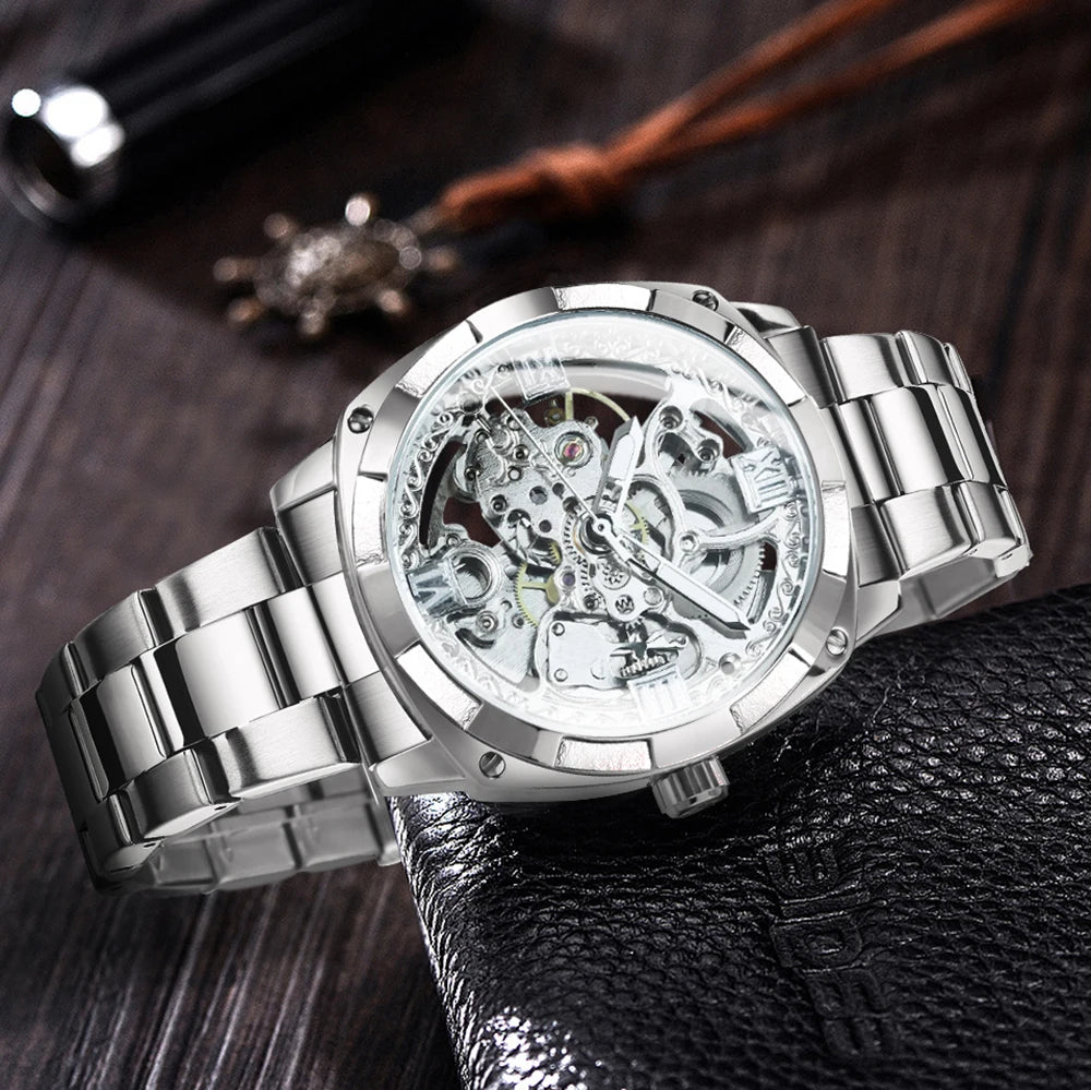 Forsining Square Gold Skeleton Automatic Men Watch Engraved Movement Luminous Hands Mechanical Watches Luxury Stainless Steel