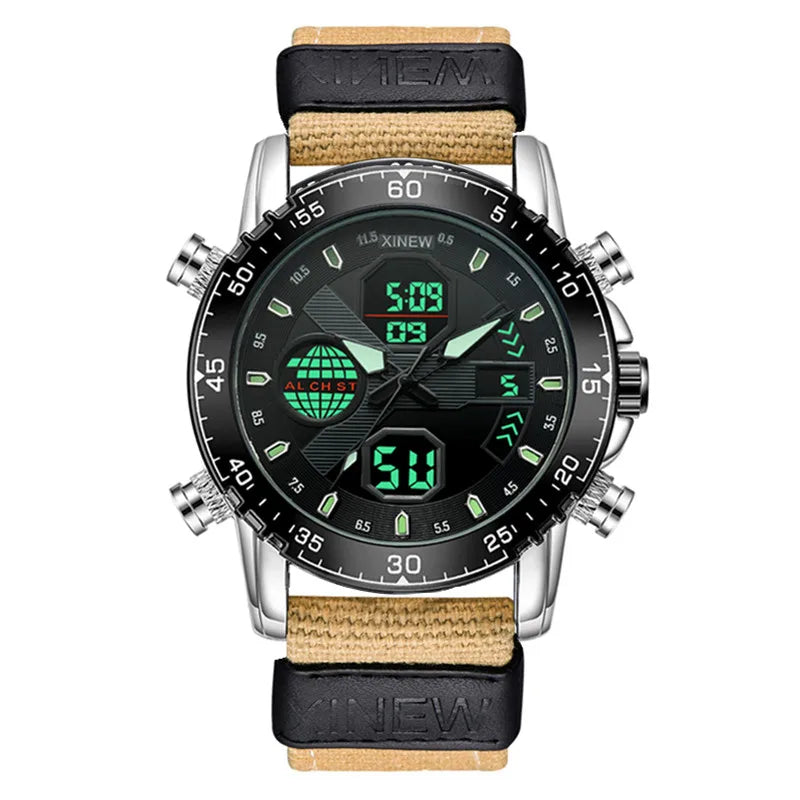1pc / lot XINEW Brand Dual Time Watches For Men Fashion Casual Nylon Band Sports Military Digital Watch Black Montre Homme 2025