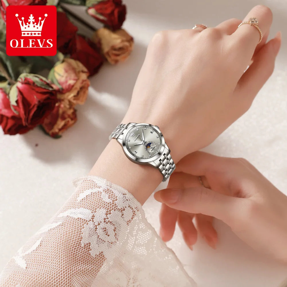 OLEVS Fashion Date Women's Watches Moon Phase 30m Waterproof Automatic Mechanical Watch for Lady Stainless Steel Brand Luminous