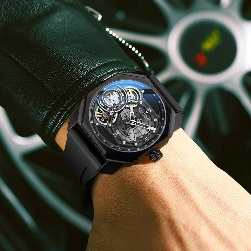 Skeleton Automatic Mechanical Watch Black Silicone Strap Men Clock Male Orologio Man Sliver Steampunk Hombre Relogio Masculino