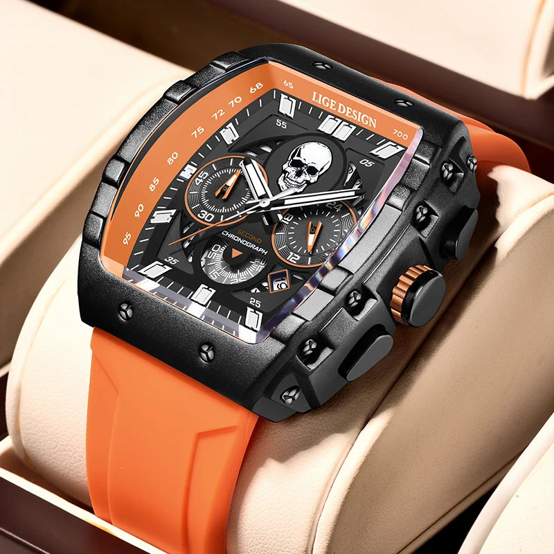 LIGE Brand Mens Watch Skeleton Skull Dial Sports Military Watches Men Fashion Luxury Waterproof Quartz Watch Chronograph Relogio