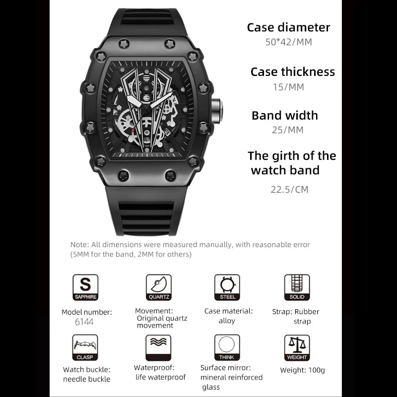 Brand New Men's Watch Fashion Clock Sports Male's Silicone Strap Automatic Movement Barrel Luminous Waterproof Quartz Wristwatch