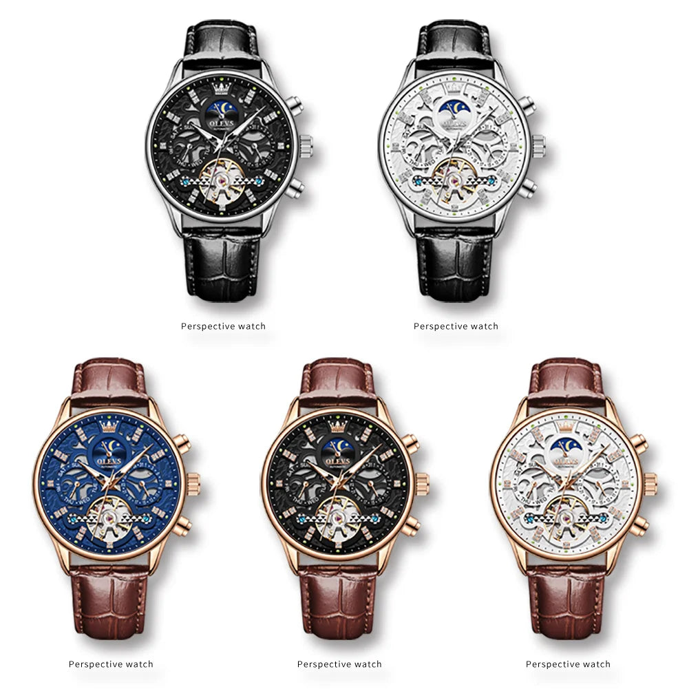 OLEVS 6658 Mens Watch Original Skeleton Multifunctional Chronograph Mechanical Watch Leather Strap Watches For Man Gifts Reloj