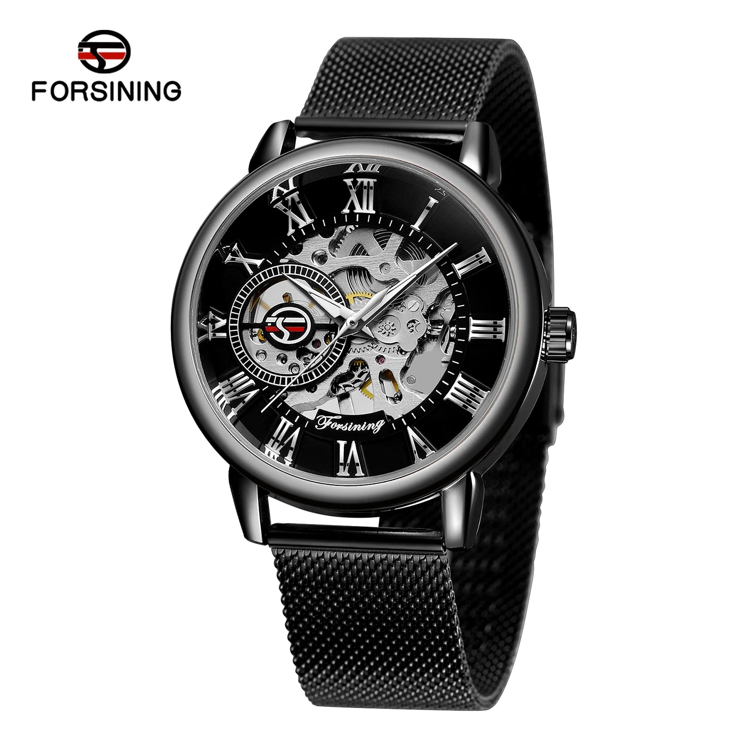 Classic Skeleton Mechanical Watch - Engraved Case with Mesh Strap & Roman Numerals