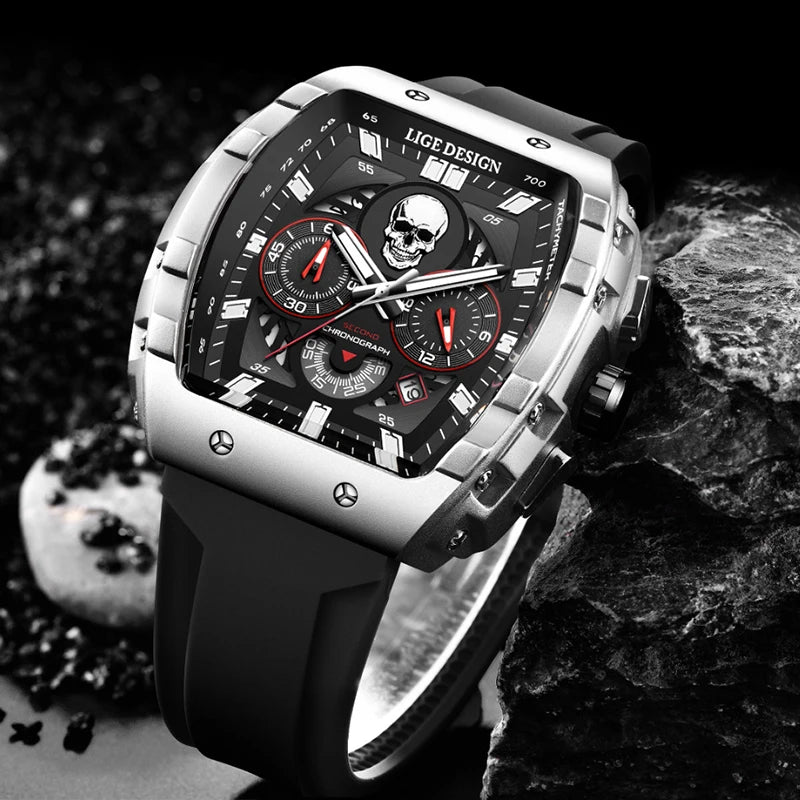 LIGE Brand Mens Watch Skeleton Skull Dial Sports Military Watches Men Fashion Luxury Waterproof Quartz Watch Chronograph Relogio
