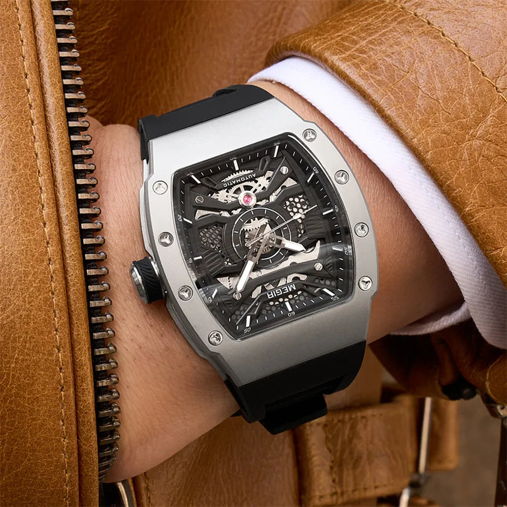 MEGIR Mens Watches Skeleton Mechanical Automatic Wristwatches Luminous Waterproof Large Dial Casual Watch Clock Gift for Men