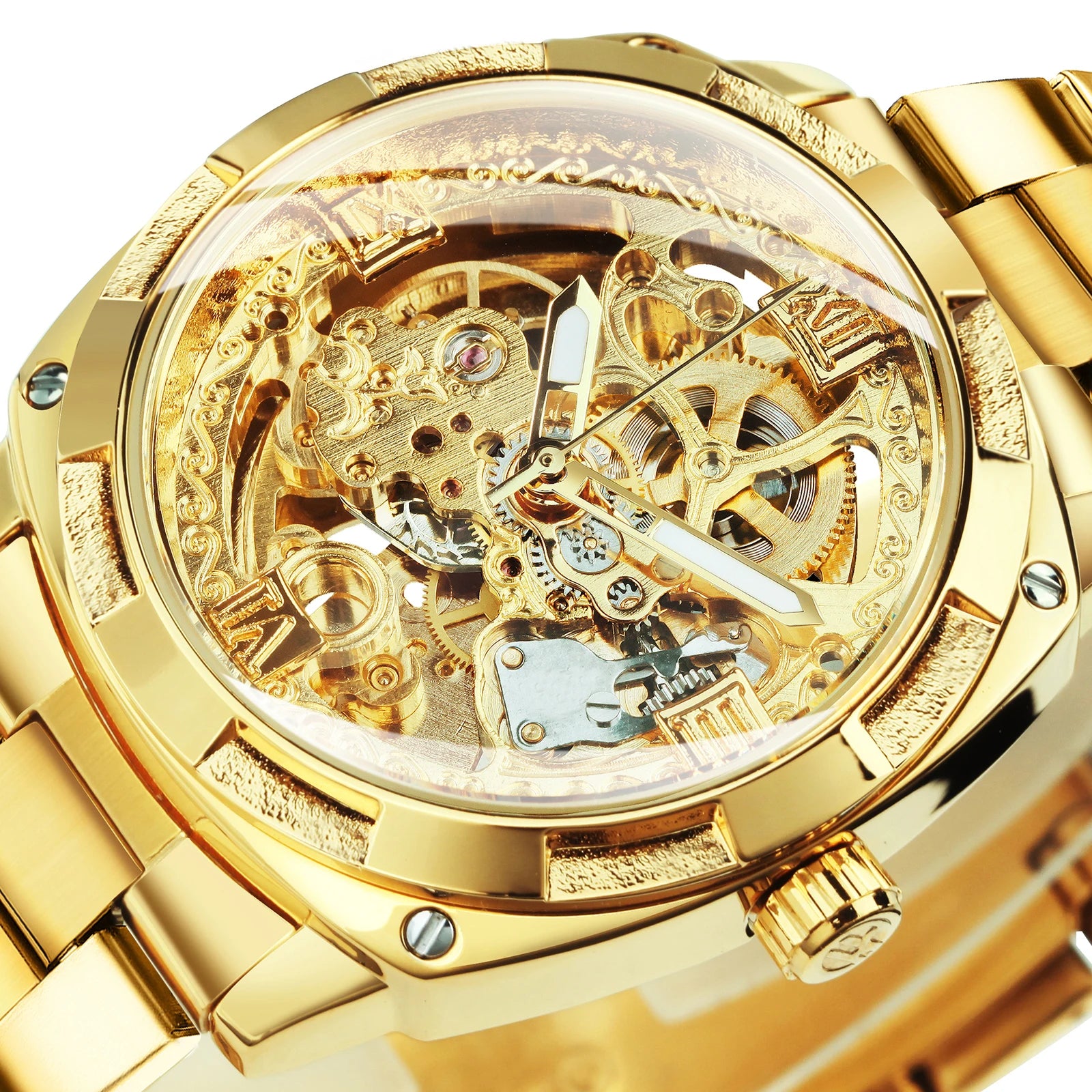 Forsining Square Gold Skeleton Automatic Men Watch Engraved Movement Luminous Hands Mechanical Watches Luxury Stainless Steel