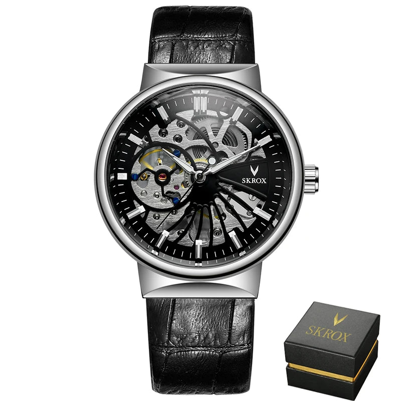 SKROX Vintage Skeleton Man Watch Thin Mechanical Luminous Male Wrist Watches Original Top Brand Luxury Clockwork reloj hombre