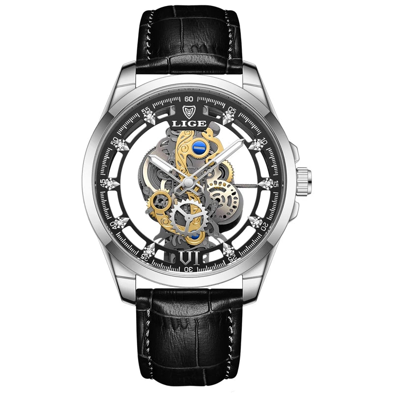 2024 LIGE Men Watch Skeleton Automatic Quartz Watch Gold Skeleton Vintage Man Watch Mens Watches Top Brand Luxury часы мужские