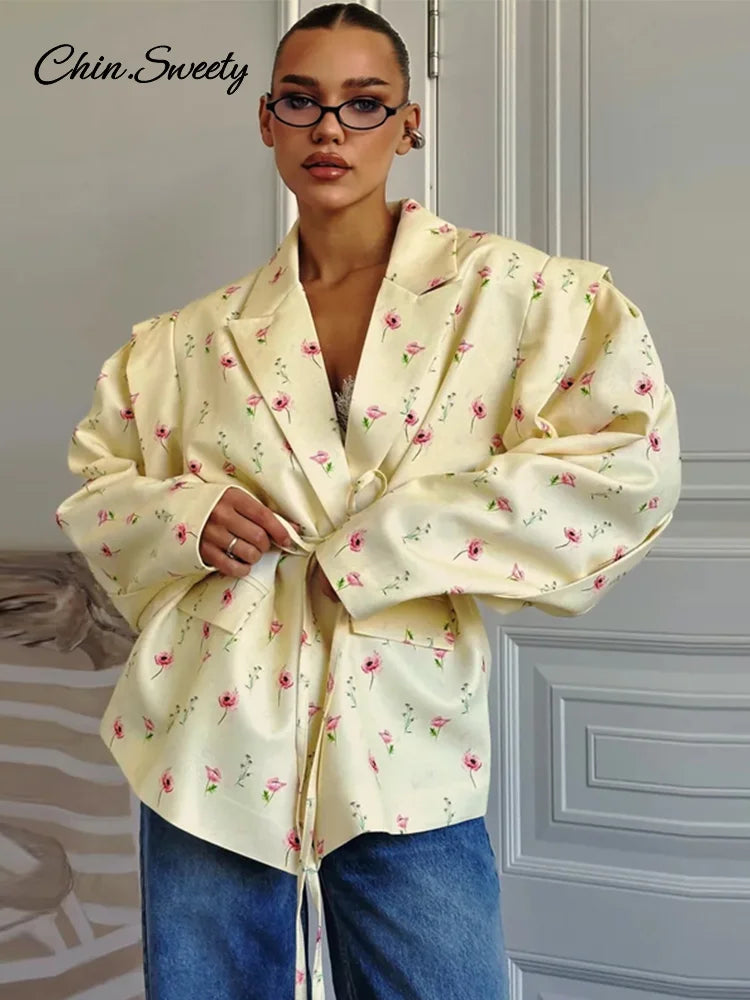 Fashion Printed Women's Blazer Coat Loose Lapel Long Sleeve Lace Up One Button Jacket Female 2025 Spring All-match Streetwear