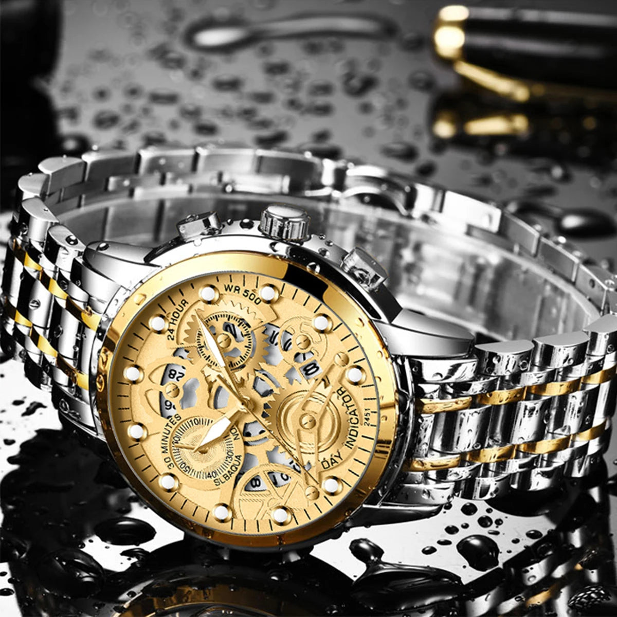 Sports Men's Watch Fashionable Stainless Steel Strap Fashionable Hollow Dial Golden Business Style Original Quartz Watch for Men