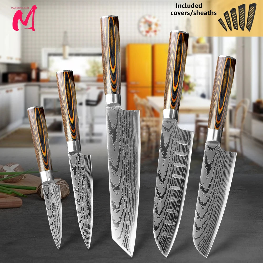 Kitchen Knife Chef Knives Japanese 7CR17 440C High Carbon Stainless Steel Imitation Damascus Sanding Laser Knife