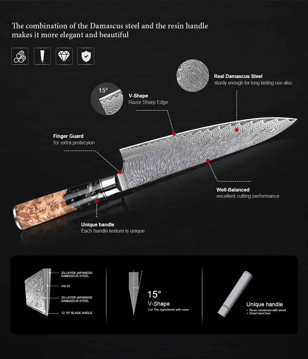 Damascus Steel Kitchen Knives 1-9PC Set XITUO Japanese chef knife Cleaver Bread Knife Resin and wooden Ergonomics handle Sharp