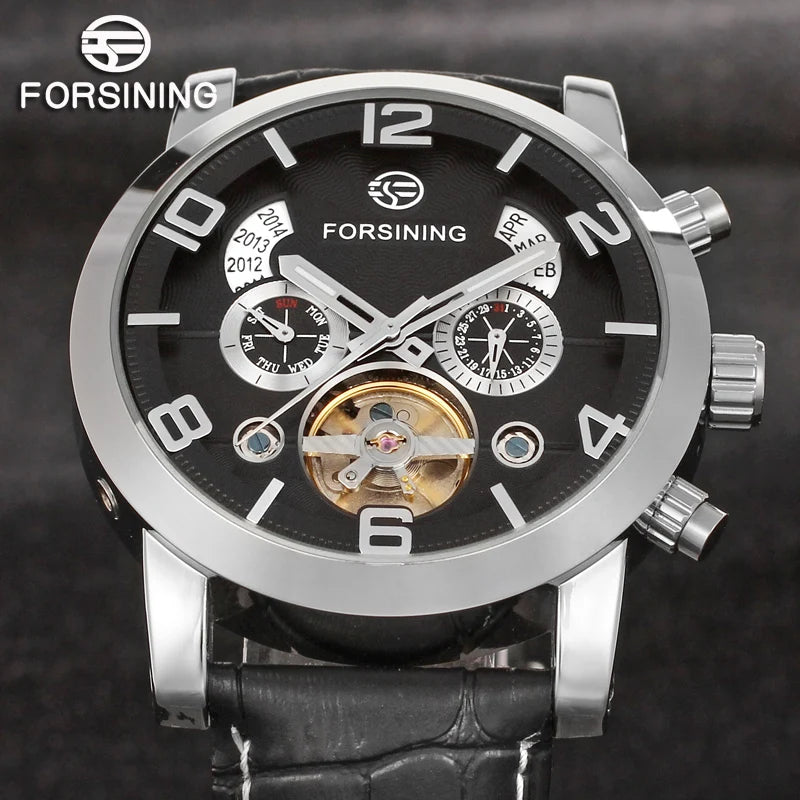 Forsining Fashion Mechanical Male Wristwatches Tourbillon Waterproof Leather Strap Regulator Watches With Perpetual Calendar