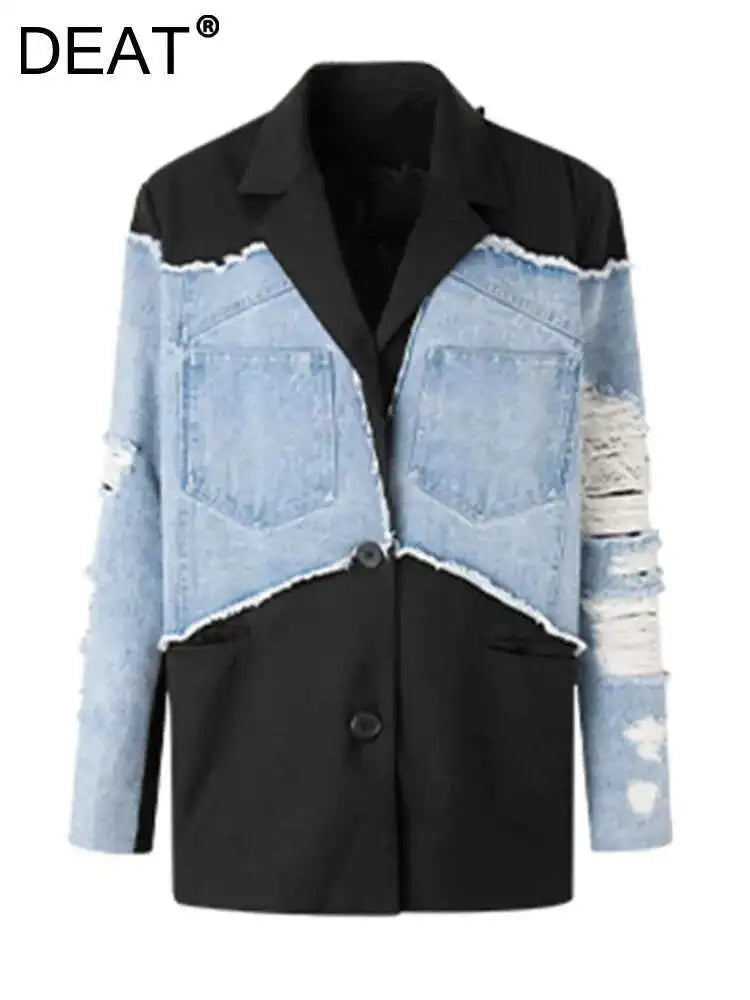 DEAT Women's Blazer Notched Collar Patchwork Burrs Edge Denim Broken Holes Loose Suit Jackets 2025 Summer New Fashion LM0107