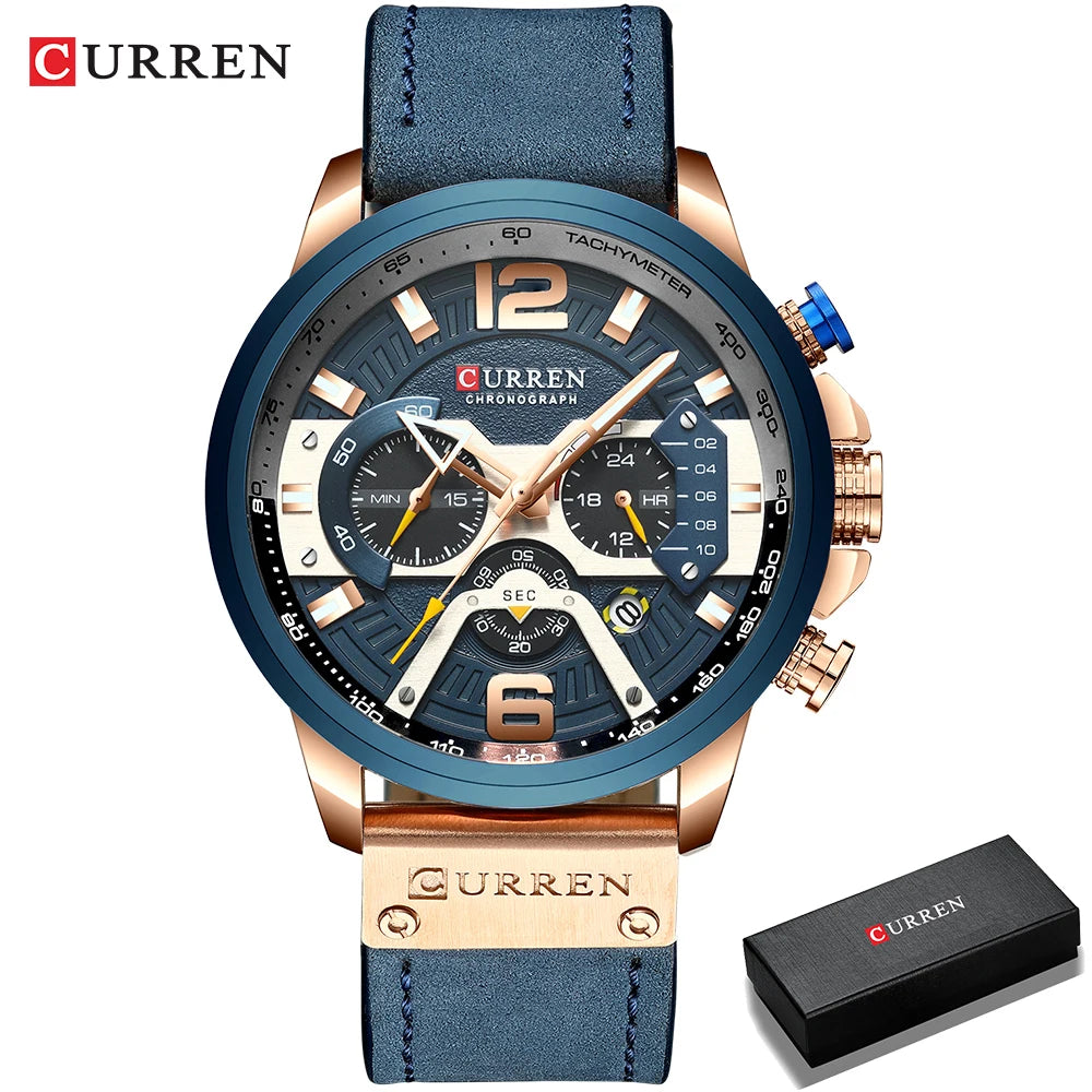 CURREN Men's Military Chronograph Watch - Luxury Leather Strap Sport Timepiece