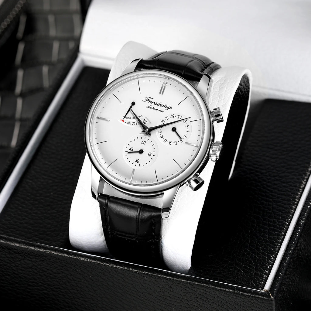 Power Reserve Date Automatic Watch - Elegant Leather Strap