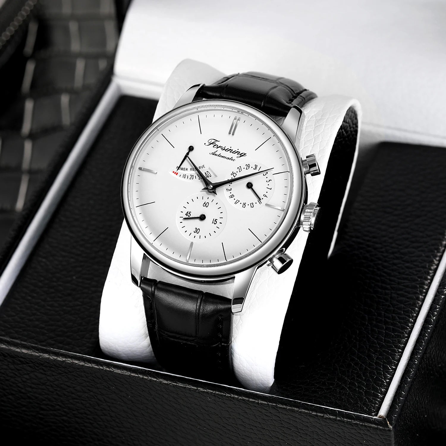 Power Reserve Date Automatic Watch - Elegant Leather Strap