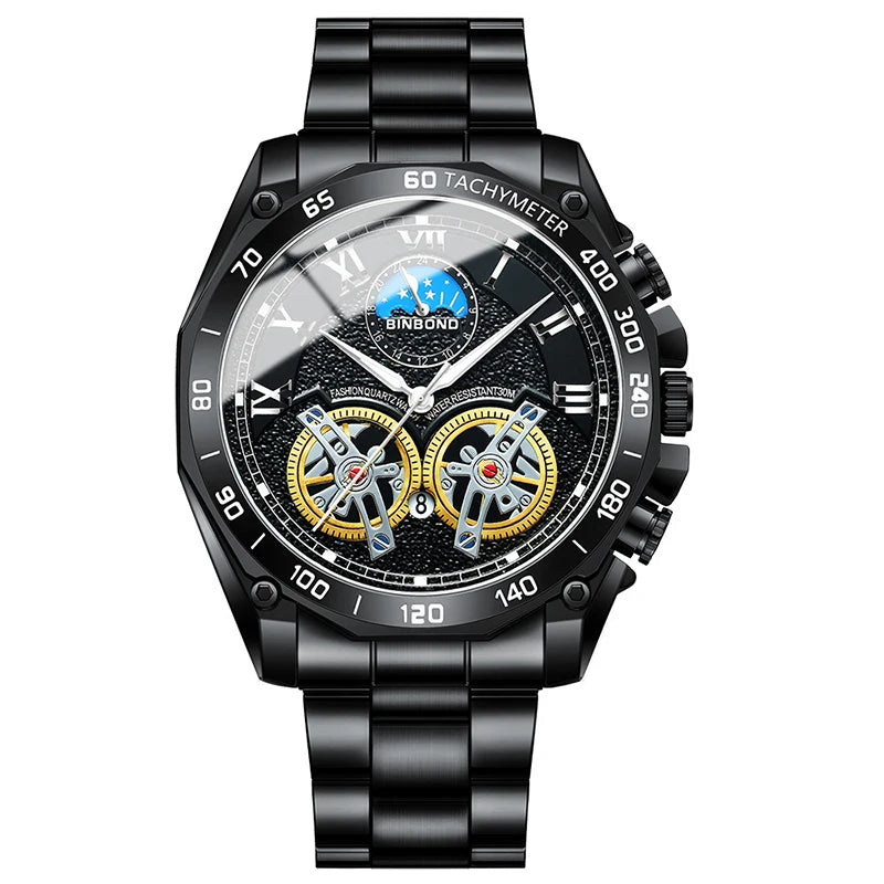 Double Tourbillon Men Watch Non Fully Automatic Hollow Mechanical Watch Fashionable Night Light Calendar Waterproof Quartz Watch