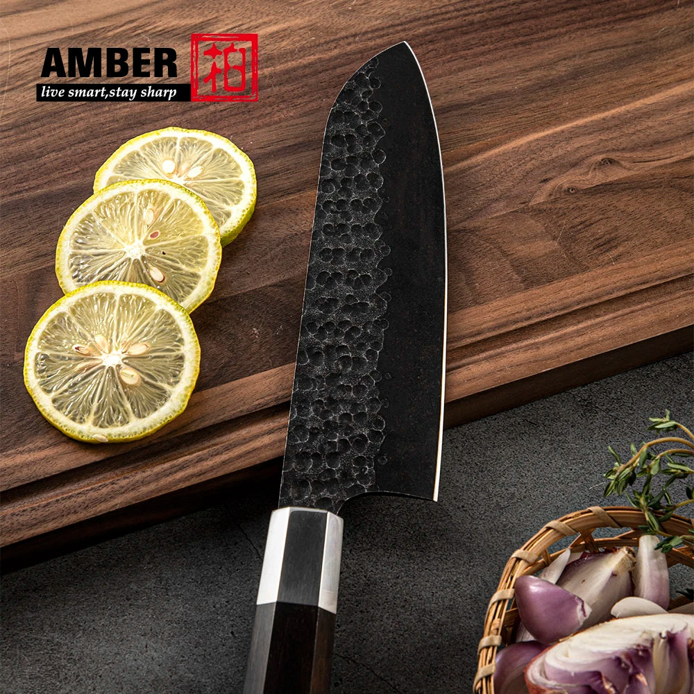 Amber Top Quality 440C high carbon steel black finish kitchen knife set with stablized wood