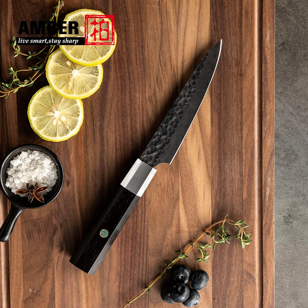 Amber Top Quality 440C high carbon steel black finish kitchen knife set with stablized wood