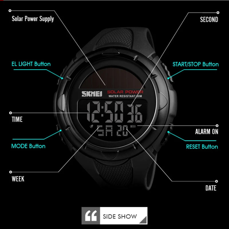 SKMEI Sport Digital Wristwatches Mens Luminous Watches Solar For Power Enviormentally Alarm Male Clock reloj hombre