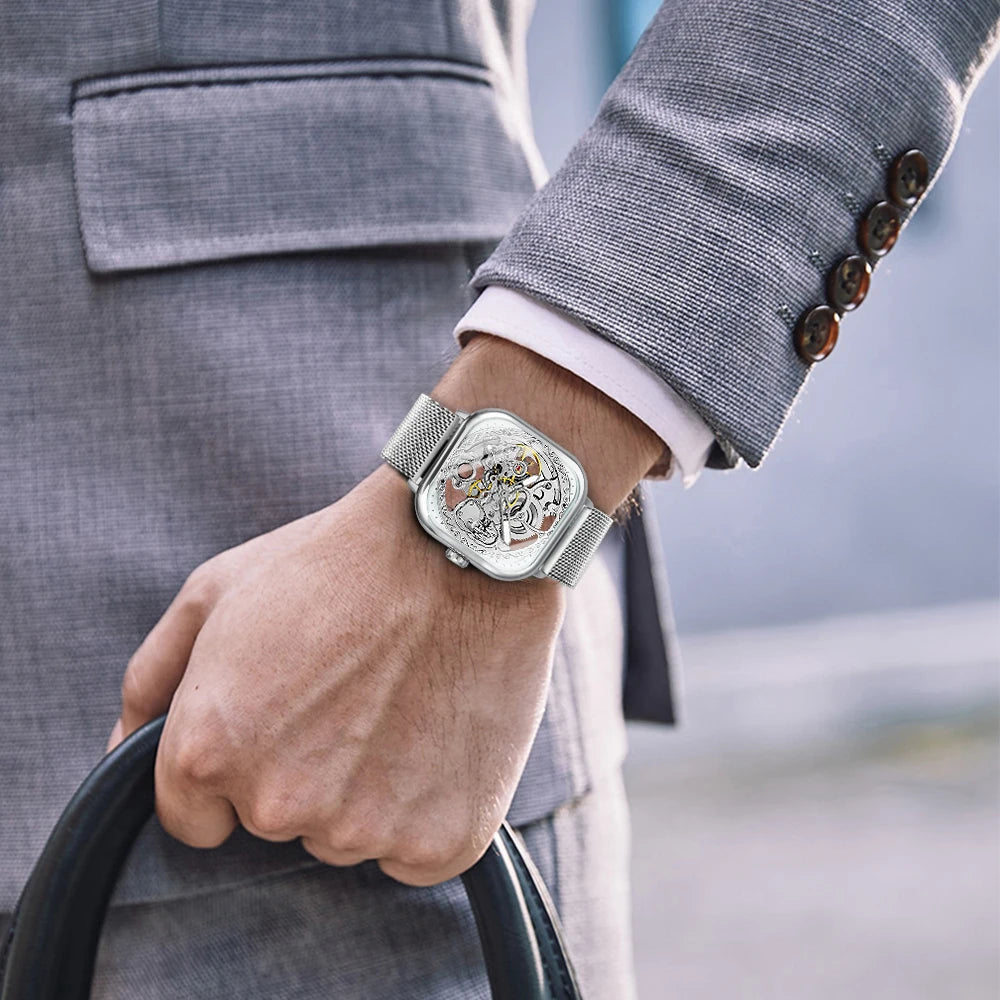 Forsining Square Skeleton Automatic Watch - Luxury Mesh Steel Strap Men's Timepiece