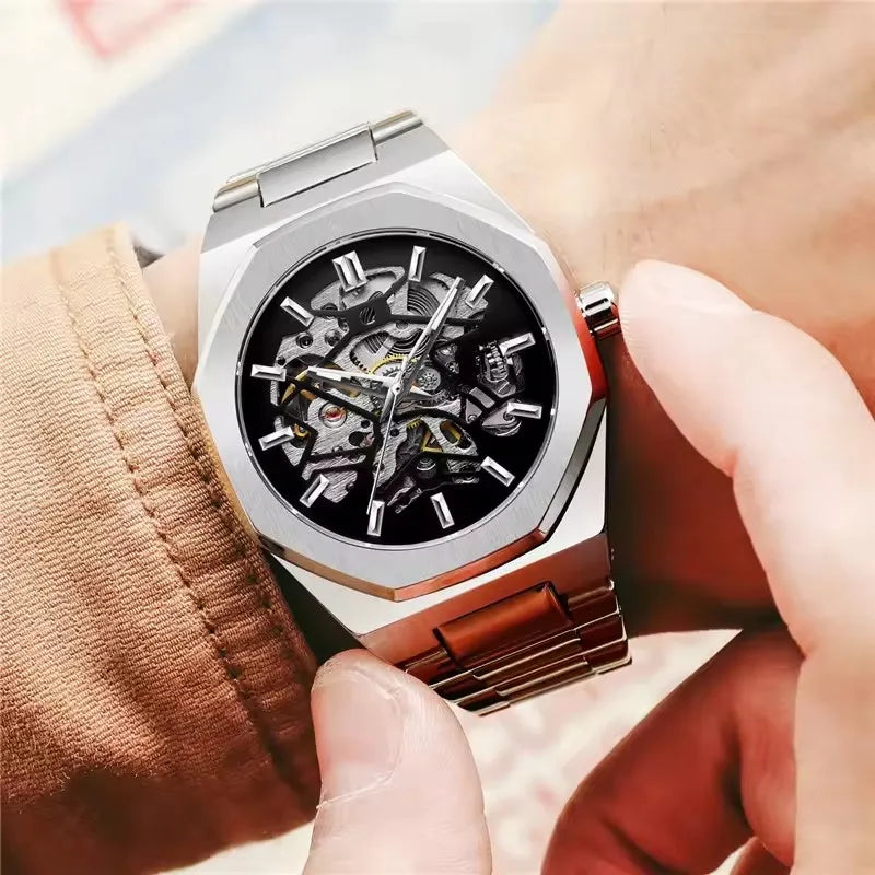 FORSINING 344D Men's Luxury Mechanical Watch - Fashion Skeleton Hollow Dial Steel Strap Business Luminous
