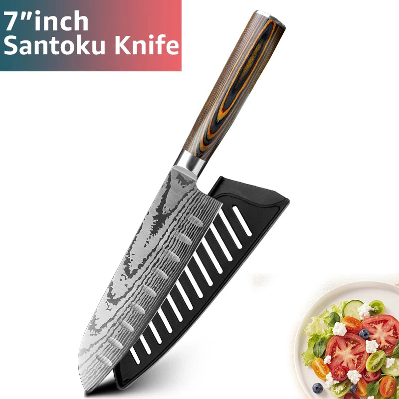 Kitchen Knife Chef Knives Japanese 7CR17 440C High Carbon Stainless Steel Imitation Damascus Sanding Laser Knife