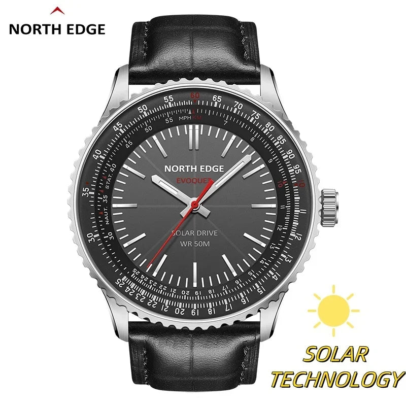 NORTH EDGE EVOQUE3 Solar Drive Watches For Men Pilot Series Leather Strap Luminous Stainless Steel Waterproof 50M Reloj Hombre