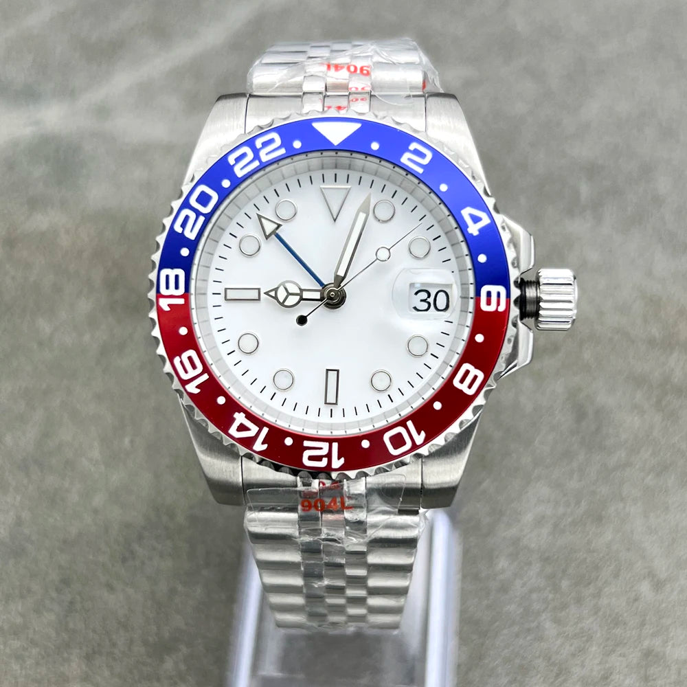 Automatic GMT Watch for Men – NH34 Movement, White Sterile Dial, Ceramic Bezel, Blue Hand, Dual Time Zone Stainless Steel