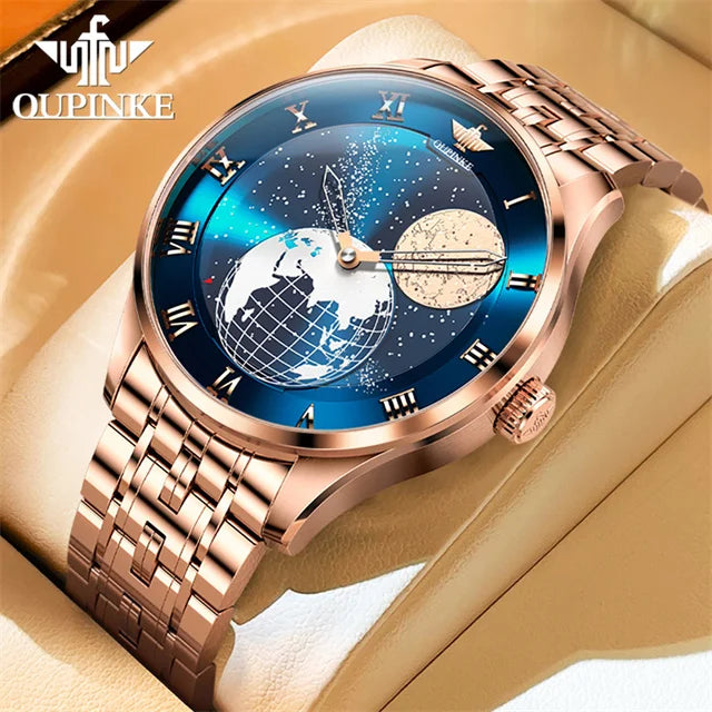 OUPINKE Moon Phase Watch for Men 3D Earth Starry Star Rotating Dial Automatic Mechanical Watches Luxury Brand Men's Moonswatch