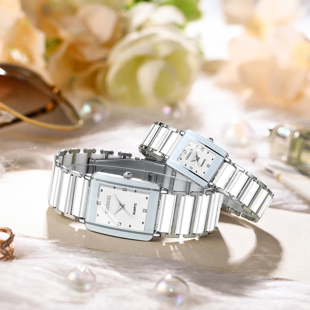 His & Hers Ceramic Watch Set - Square Fashion Couple's Matching Timepieces
