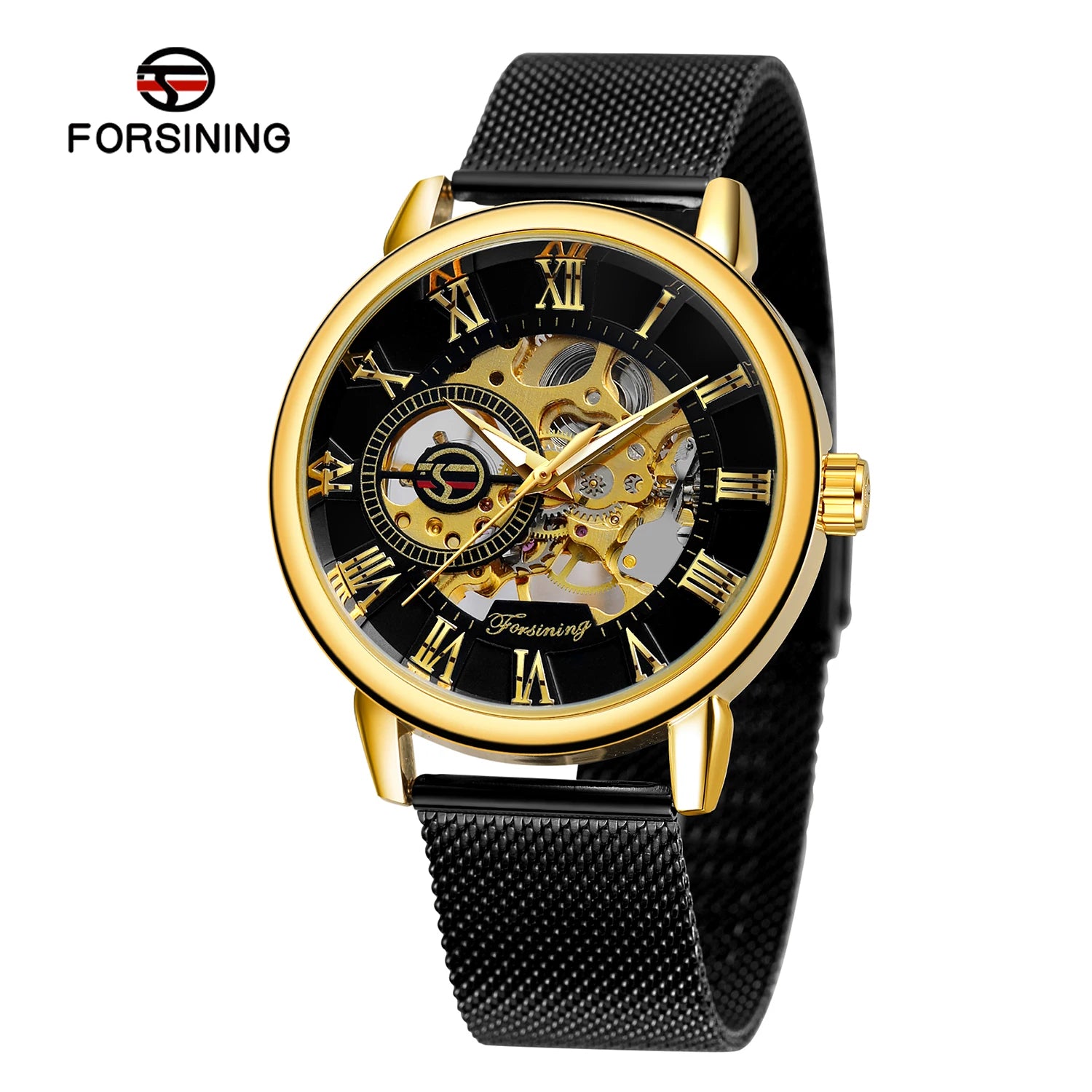 Classic Skeleton Mechanical Watch - Engraved Case with Mesh Strap & Roman Numerals