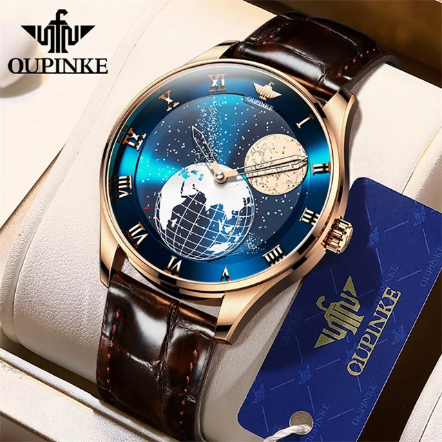 OUPINKE Moon Phase Watch for Men 3D Earth Starry Star Rotating Dial Automatic Mechanical Watches Luxury Brand Men's Moonswatch