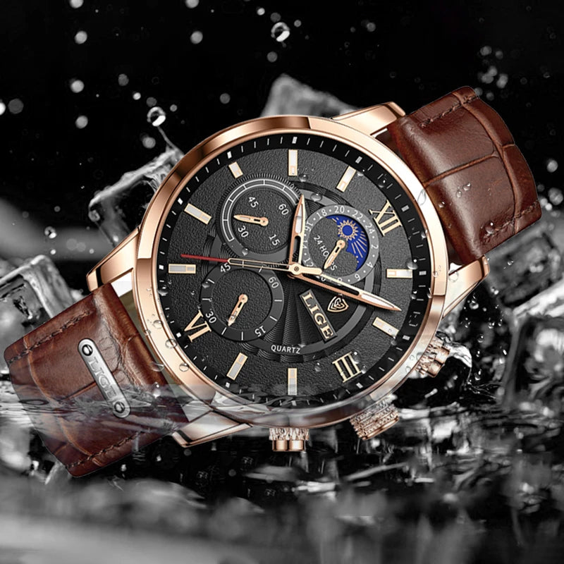 LIGE Cognac Elite 2025 - Premium Brown Leather Waterproof Sport Watch