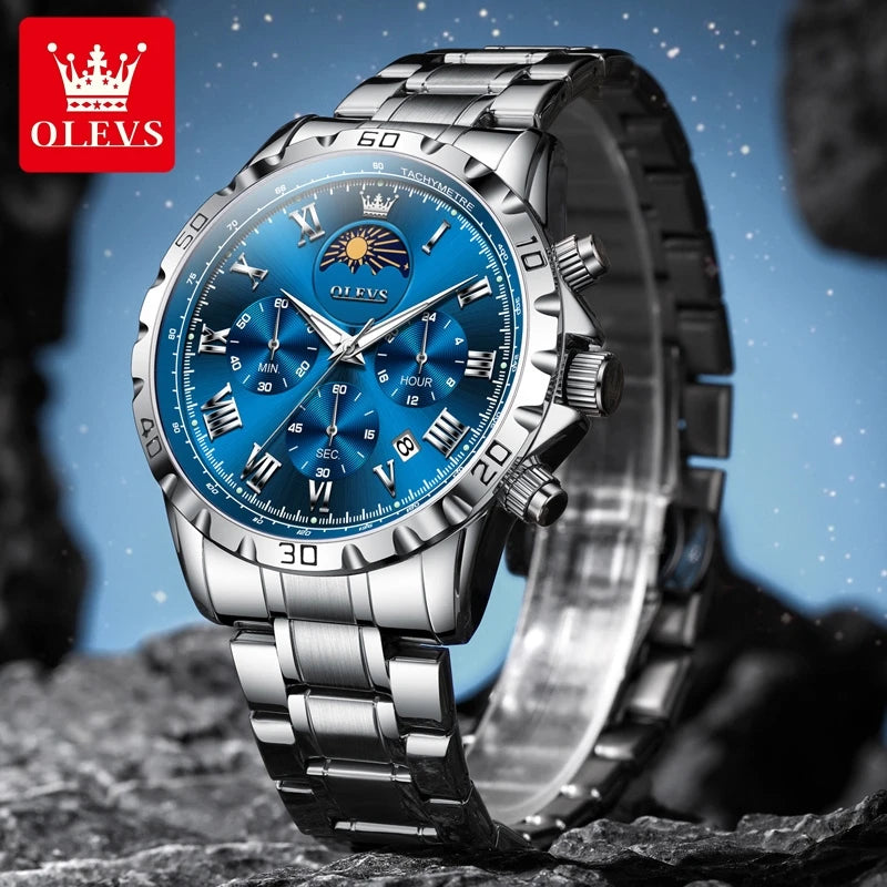 OLEVS 2950 Moon Phase Quartz Watch for Men Multi functional Roman Scale Original Hand Clock Chronograph Business Male Watches