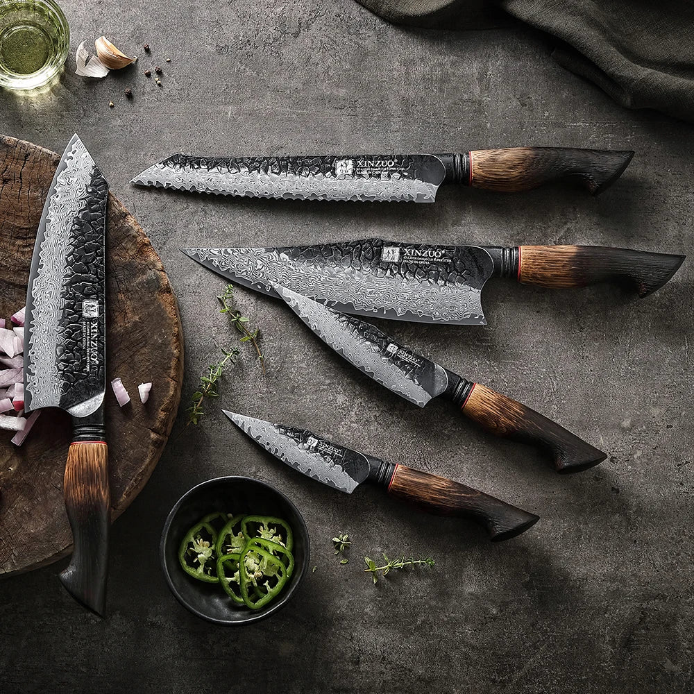 XINZUO 1-5PCS Damascus Steel Kitchen Knife 10Cr15CoMov Steel Core Chopping Vegetables And Fruits Household Kitchen Knife