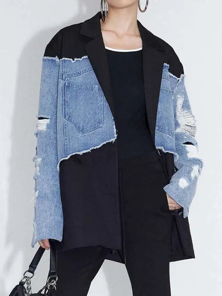 DEAT Women's Blazer Notched Collar Patchwork Burrs Edge Denim Broken Holes Loose Suit Jackets 2025 Summer New Fashion LM0107