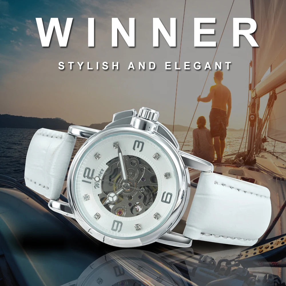 WINNER Fashion Skeleton Mechanical Watch for Women Luxury Rhinestones Dial Elegant Automatic Watches Leather Strap Luminous Hand