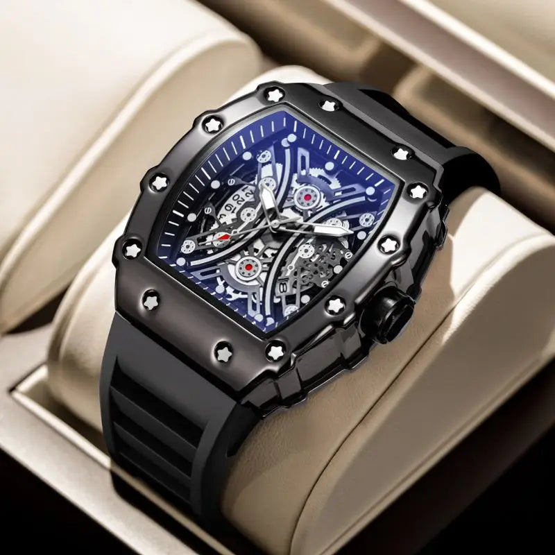 Skeleton Men's Watch Fashion Automatic Movement Barrel Luminous Waterproof Clock Sports Male's Silicone Strap Quartz Wristwatch